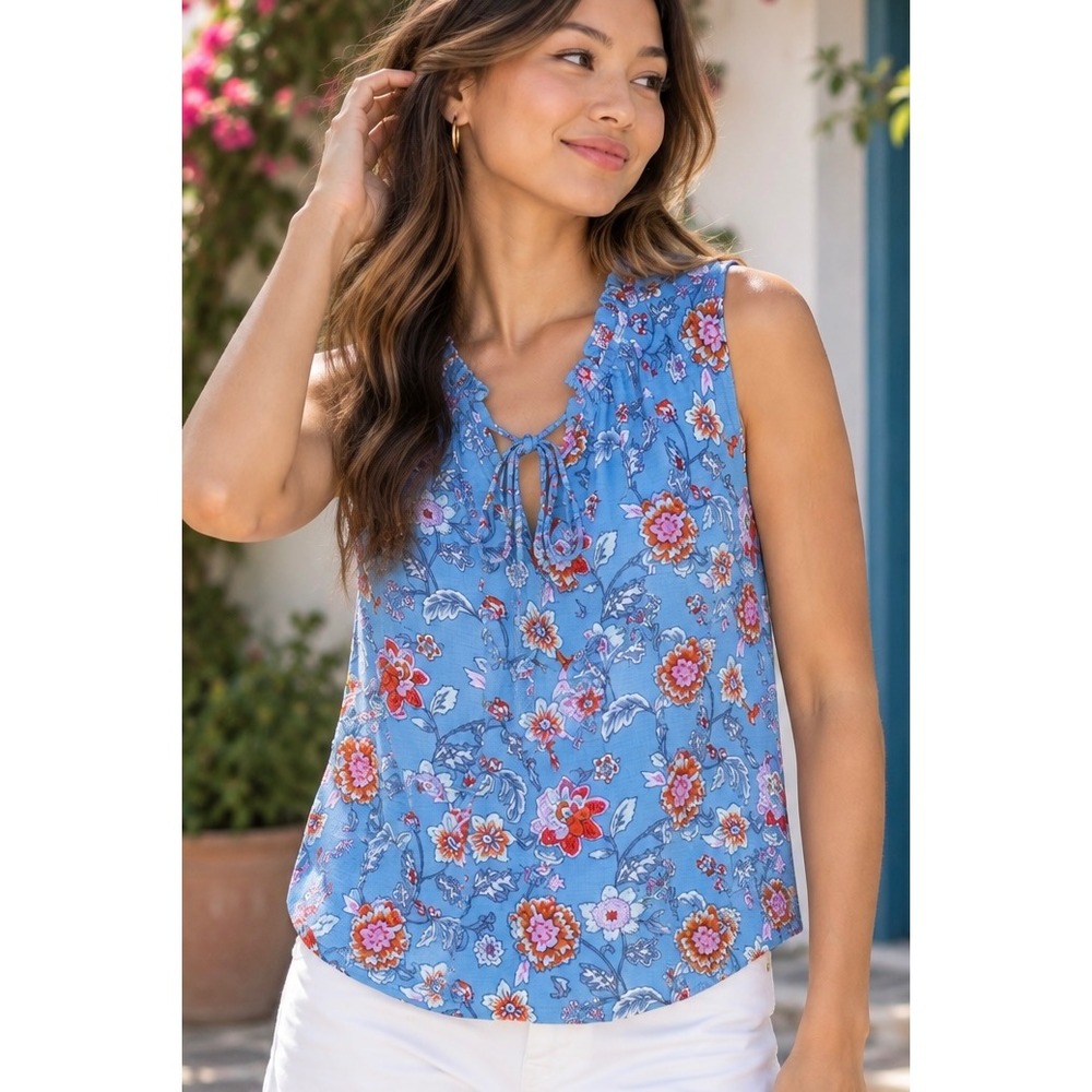 Melloday Blue Floral Sleeveless Ruffle Tie Neck Blouse Size M Boho Casual